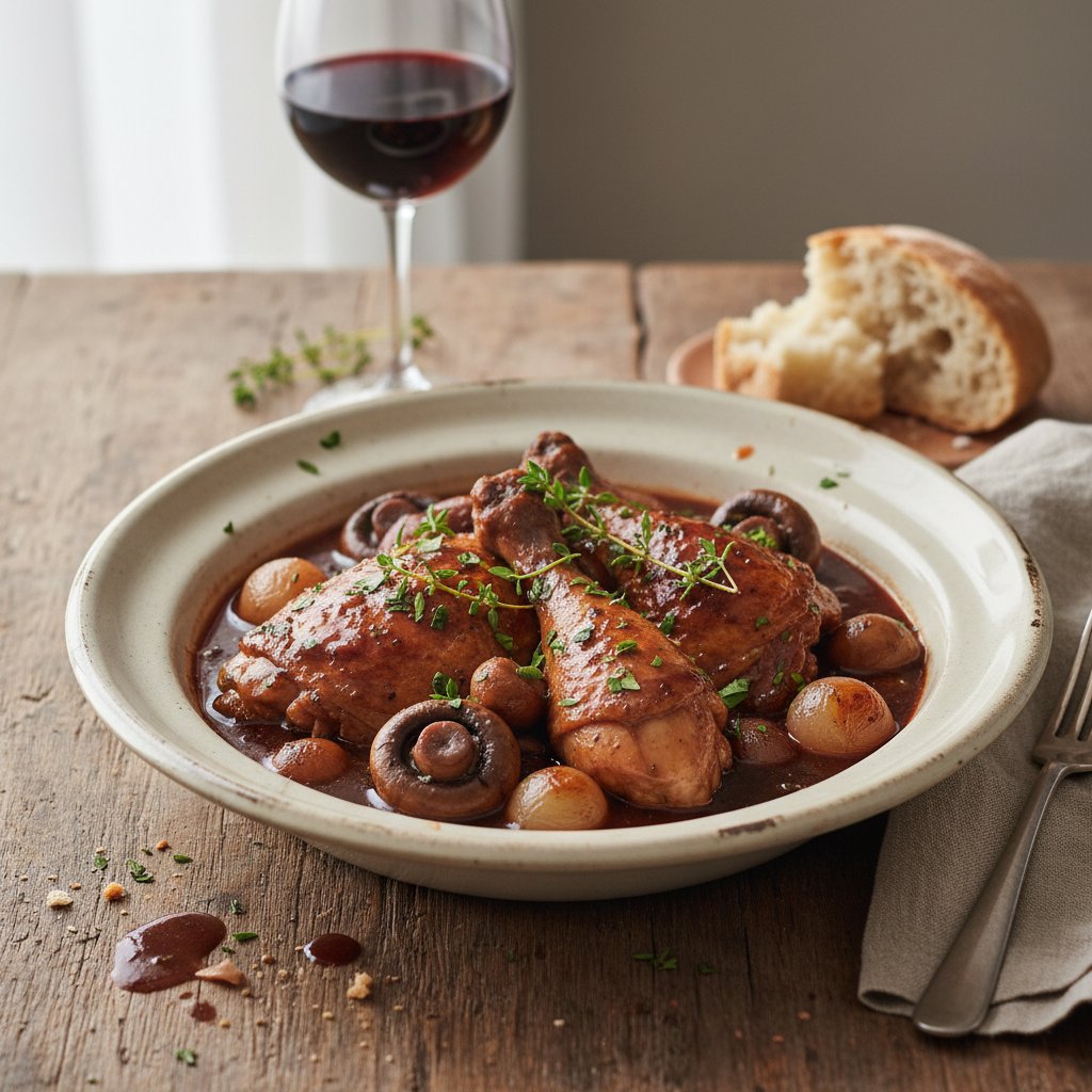 French Coq au Vin with Mushrooms and Red Wine
