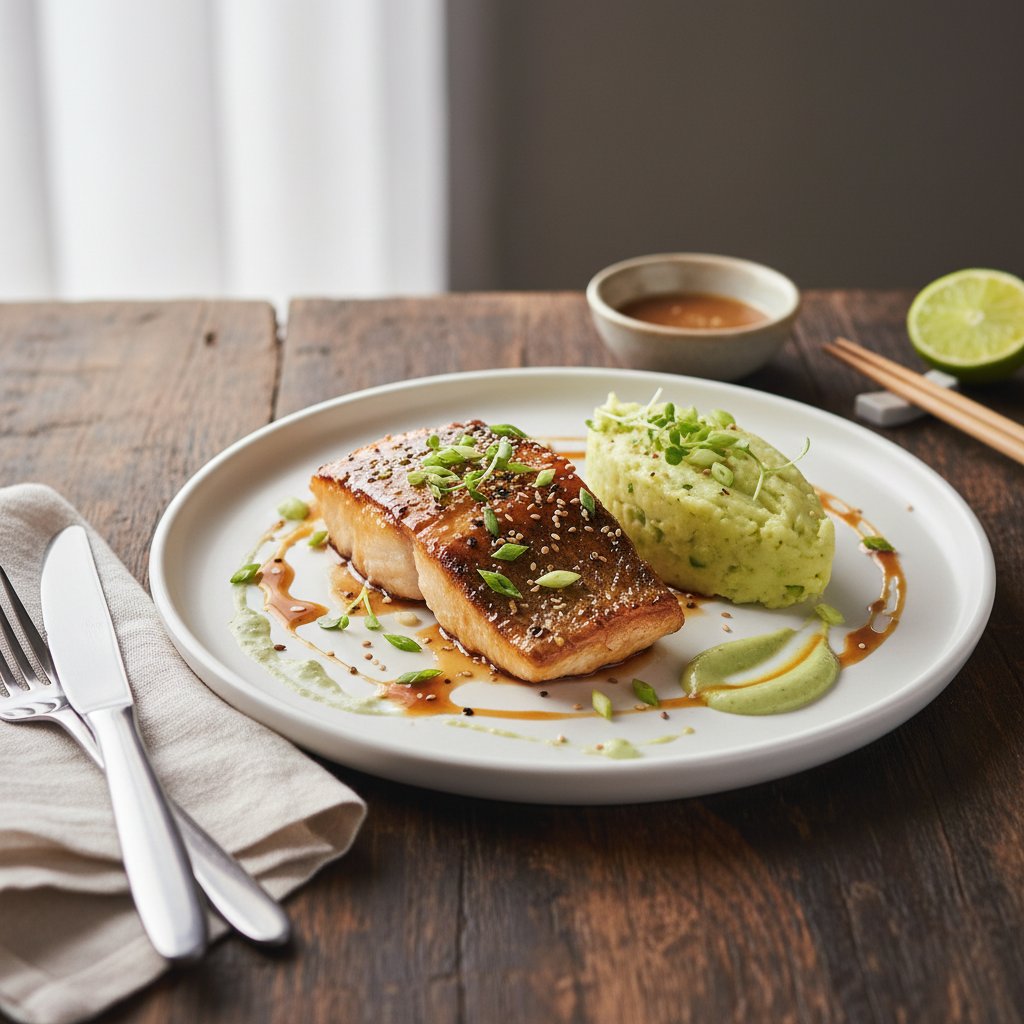 Fusion Miso-Maple Glazed Sea Bass with Wasabi Mashed Potatoes