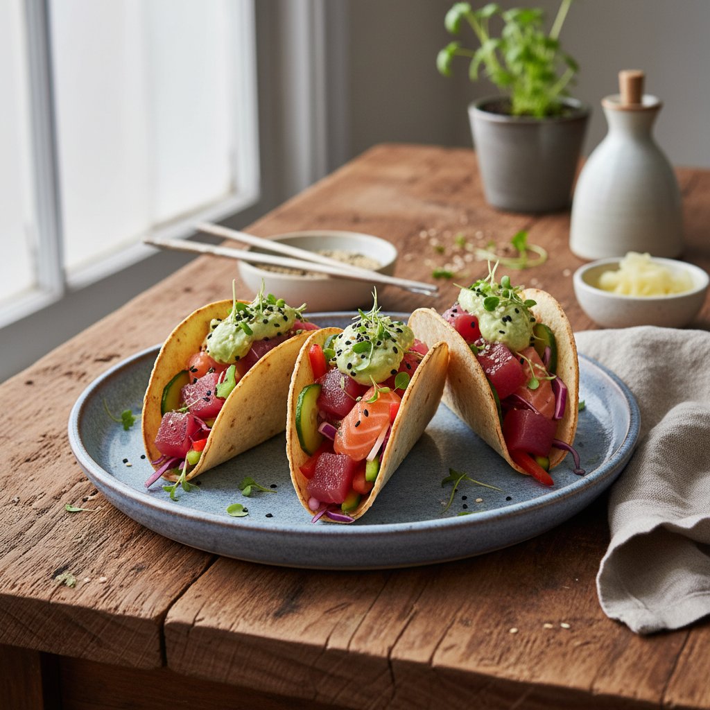 Fusion Sashimi Tacos with Wasabi-Avocado Cream