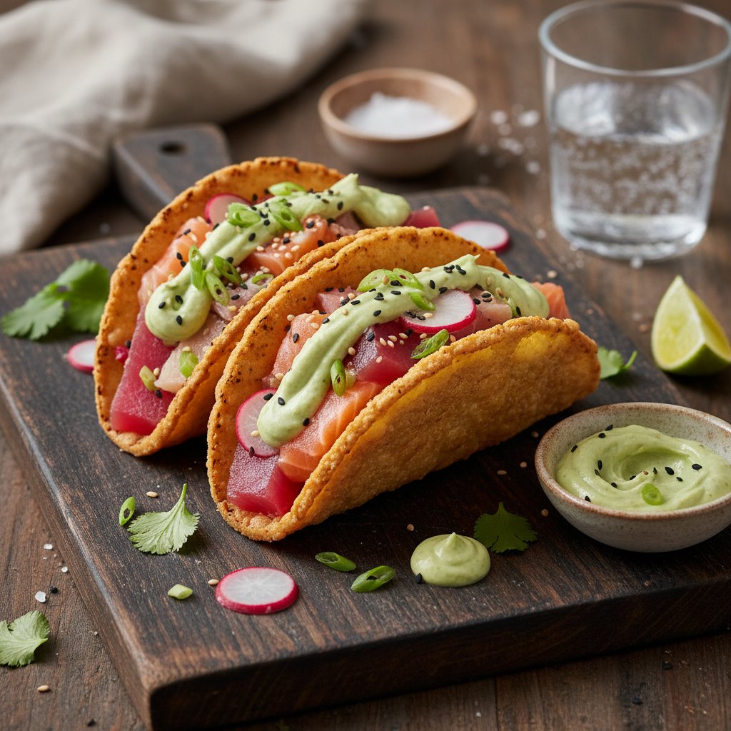 Fusion Sashimi Tacos with Wasabi Avocado Crema
