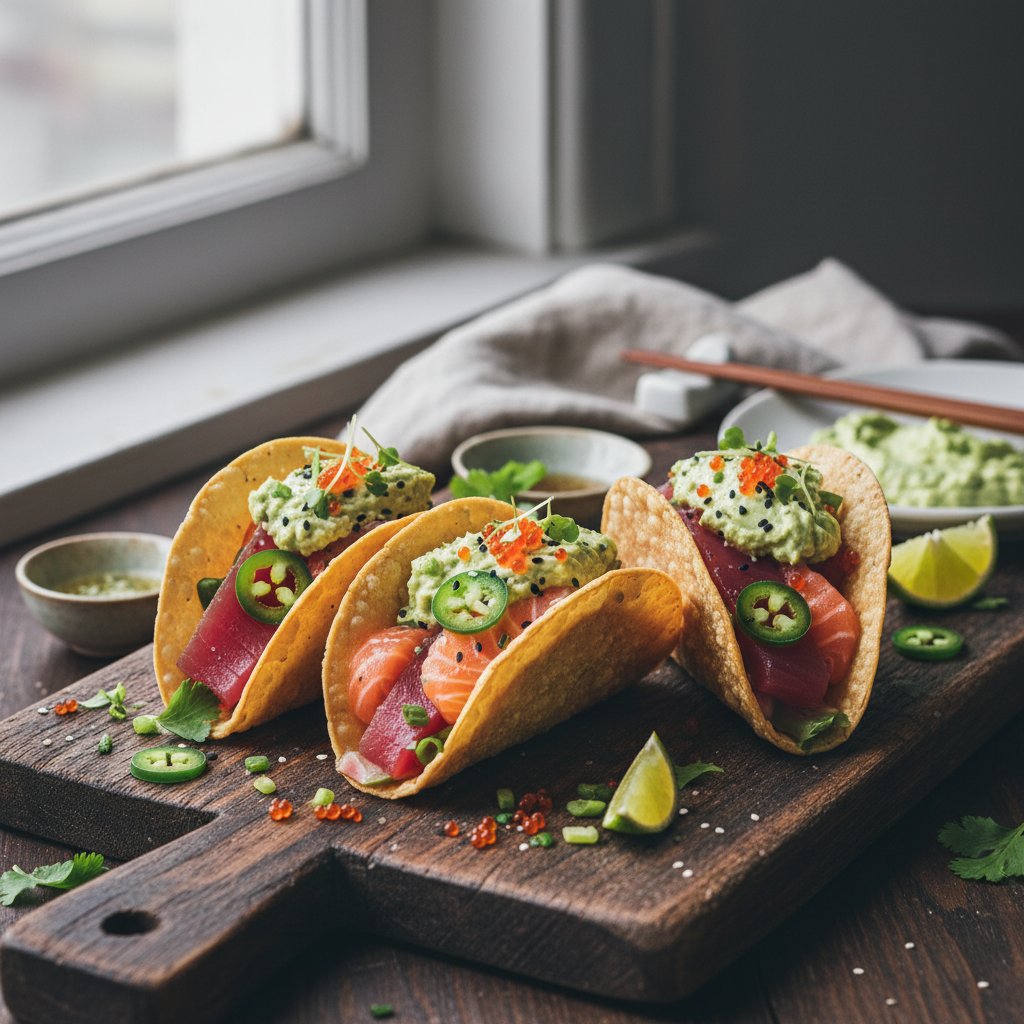 Fusion Sashimi Tacos with Yuzu Avocado Cream