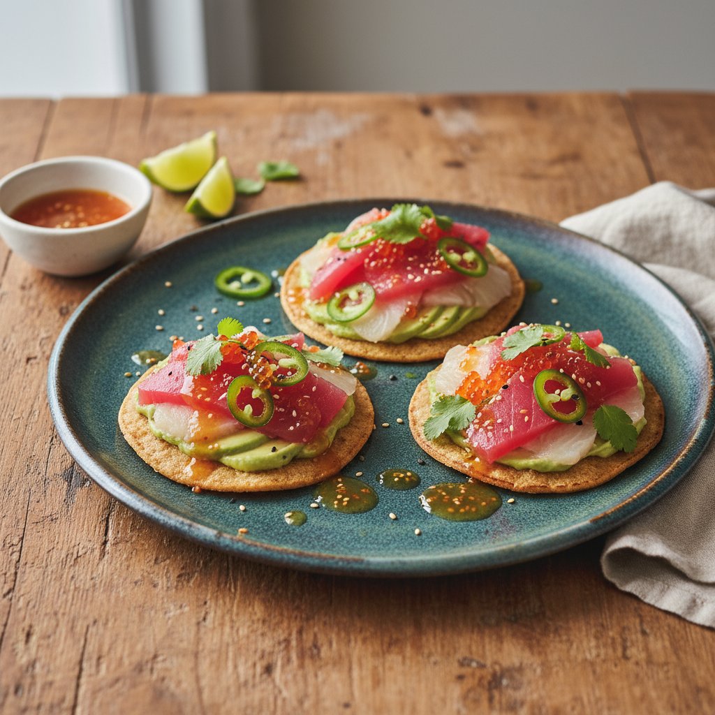 Fusion Sashimi Tostadas with Citrus Ponzu and Avocado Cream
