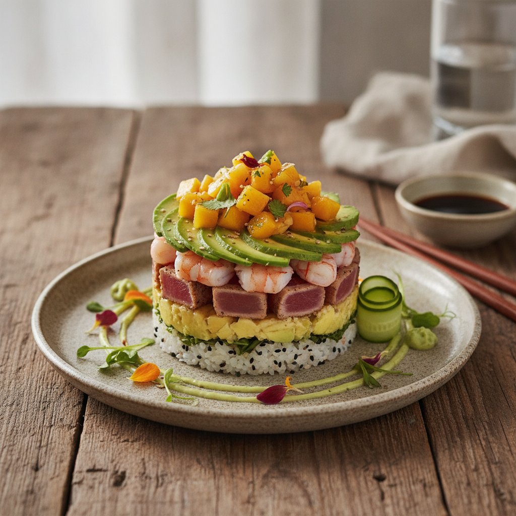Fusion Sushi Stack with Mango Salsa and Wasabi Aioli