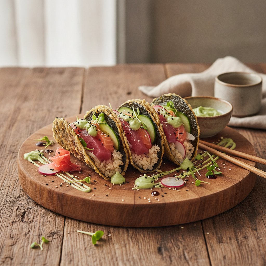 Fusion Sushi Tacos with Wasabi Avocado Crema