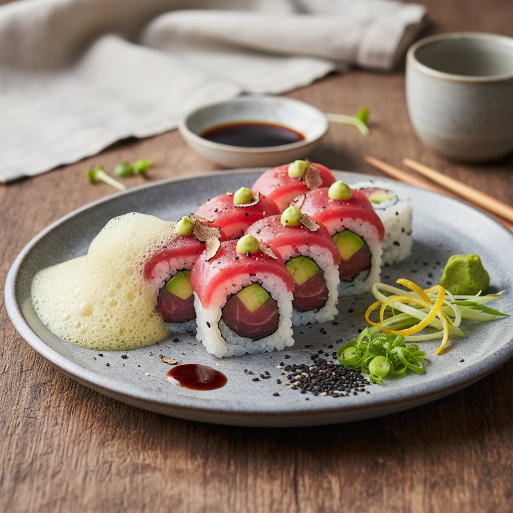Fusion Sushi: Truffle-Infused Tuna and Avocado Roll with Yuzu Foam