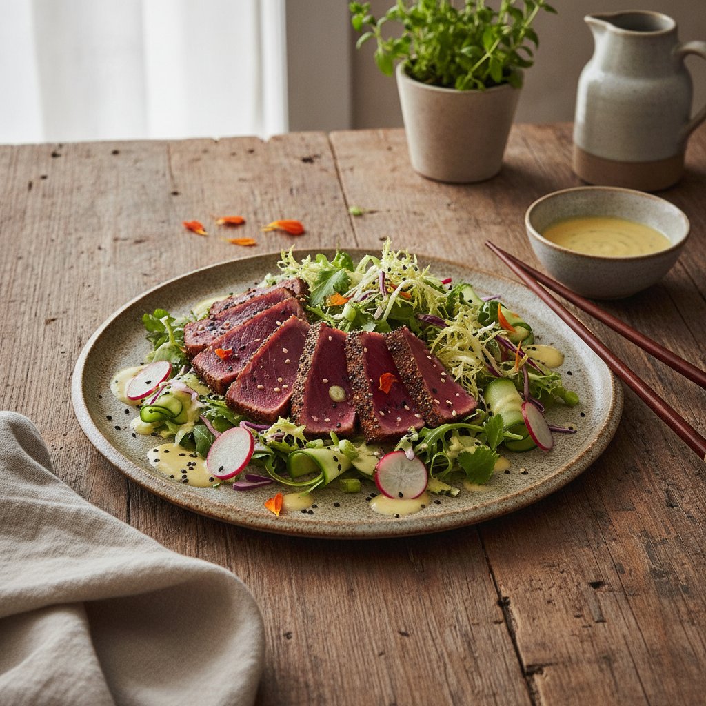 Fusion Tuna Tataki Salad with Yuzu-Miso Dressing
