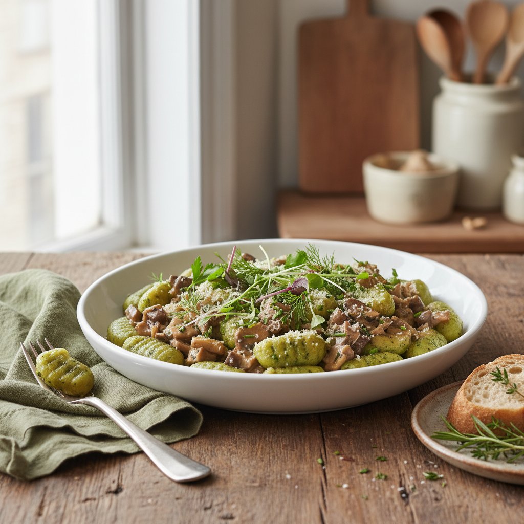 Garden Herb Gnocchi with Wild Mushroom Cream Sauce