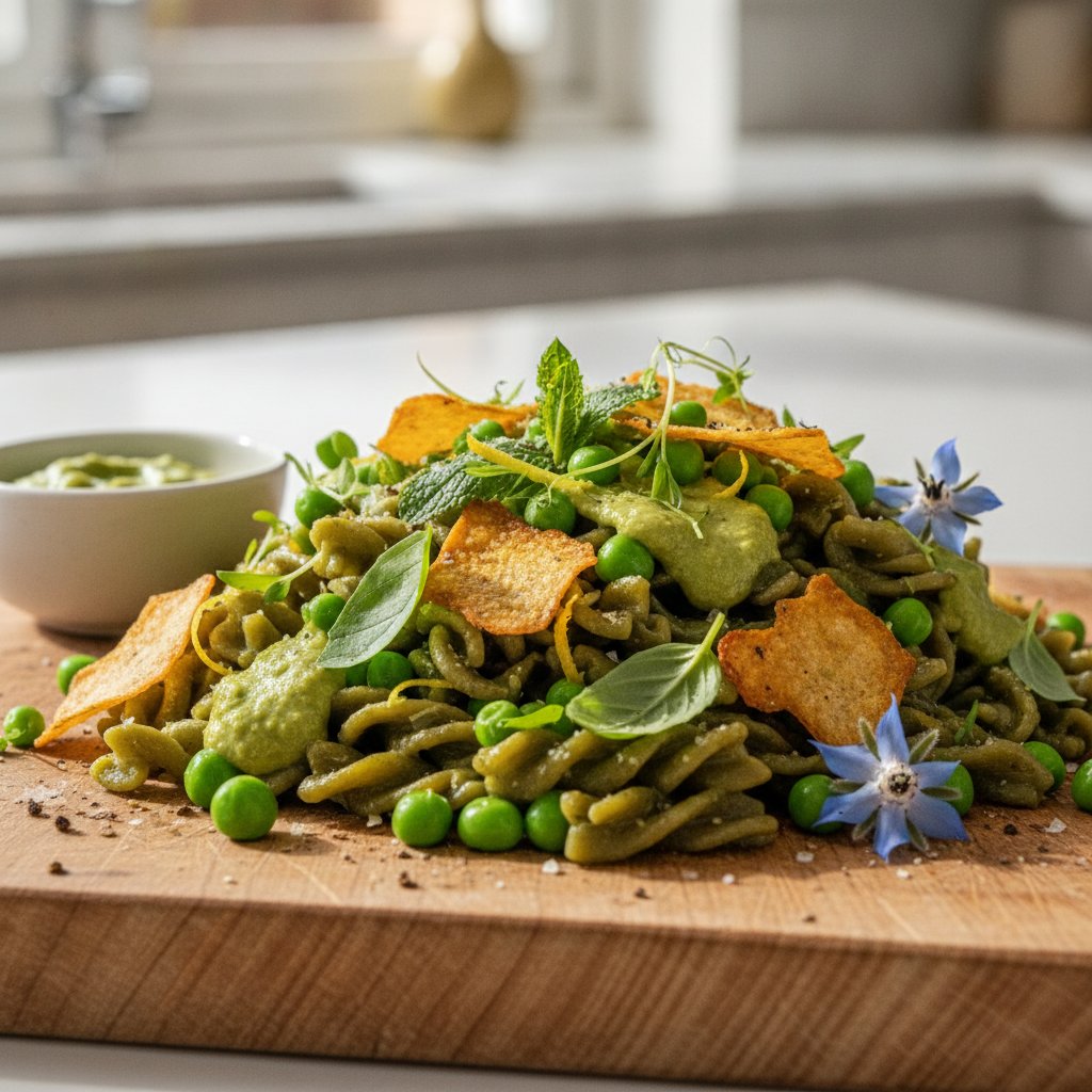 Garden Herb Lentil Pasta with Lemon-Pea Pesto