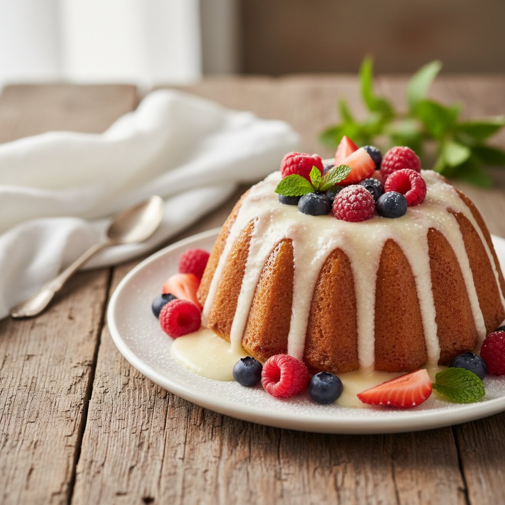 Glazed Lemon Drizzle Pudding with Fresh Berries
