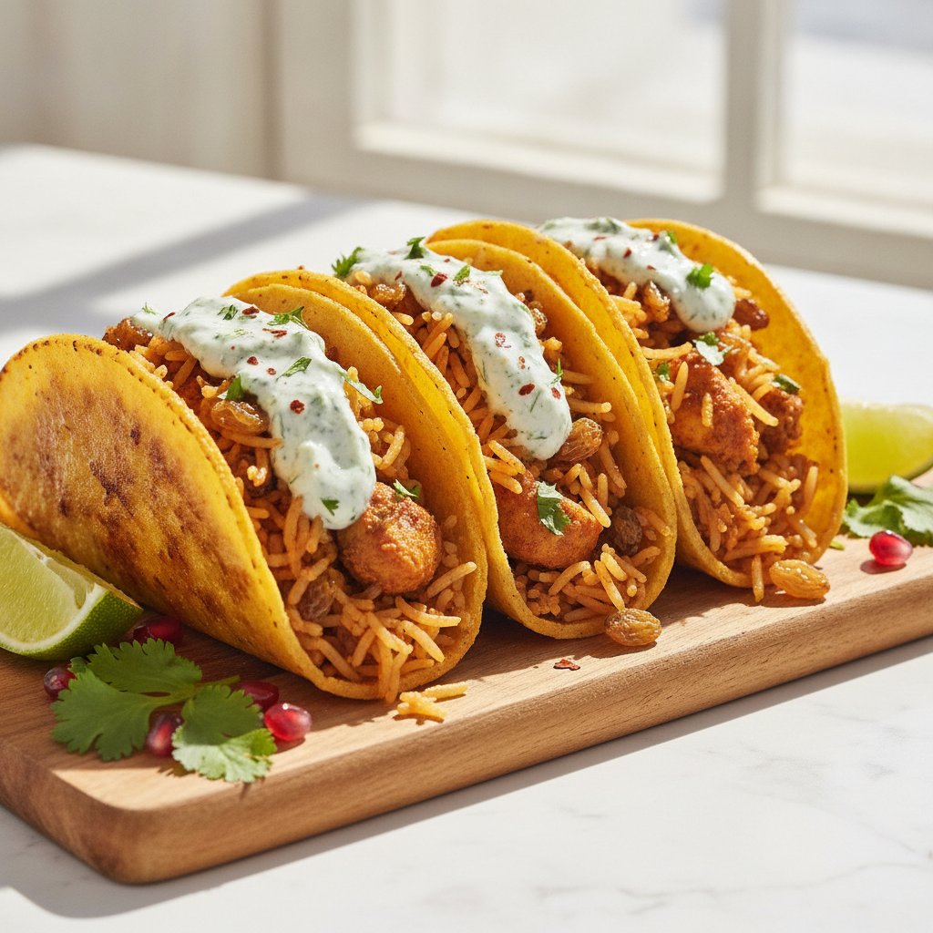 Festival callejero global: tacos especiados de biryani con salsa de yogur y hierbas