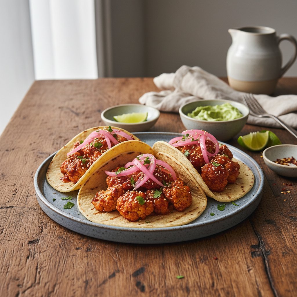 Gochujang Glazed Cauliflower Tacos with Pickled Red Onions