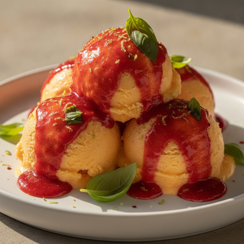Gochujang-Glazed Mango Lime Sorbet with a Hint of Basil