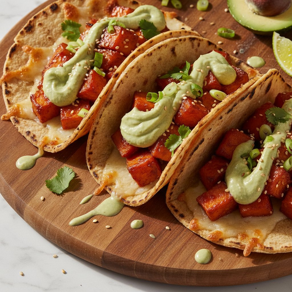 Gochujang-Glazed Sweet Potato Breakfast Tacos with Avocado Crema
