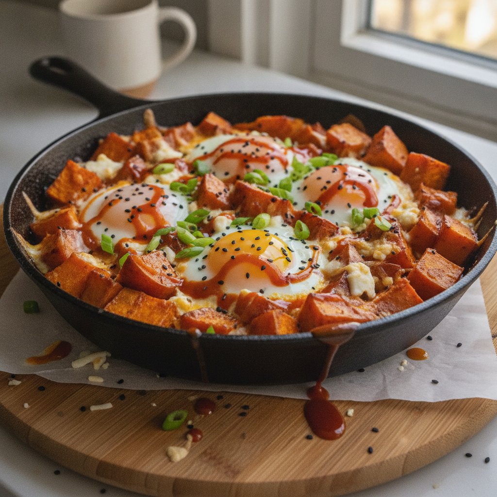 Gochujang Maple-Glazed Breakfast Skillet with Sweet Potatoes and Eggs