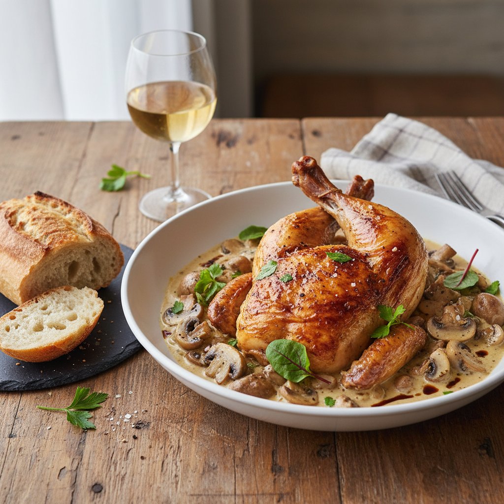 Golden-Browned French Chicken Fricassée with Cognac and Mushrooms