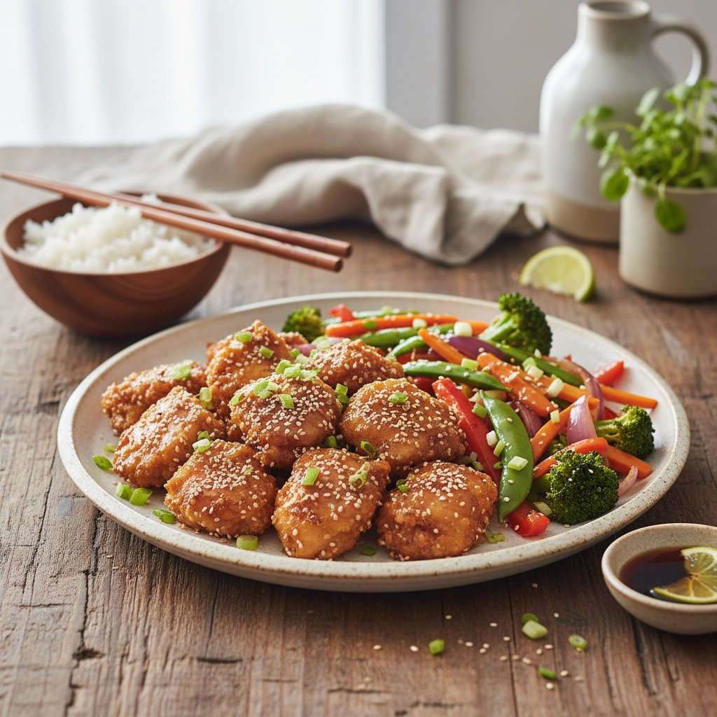 Golden Sesame Chicken with Stir-Fried Vegetables