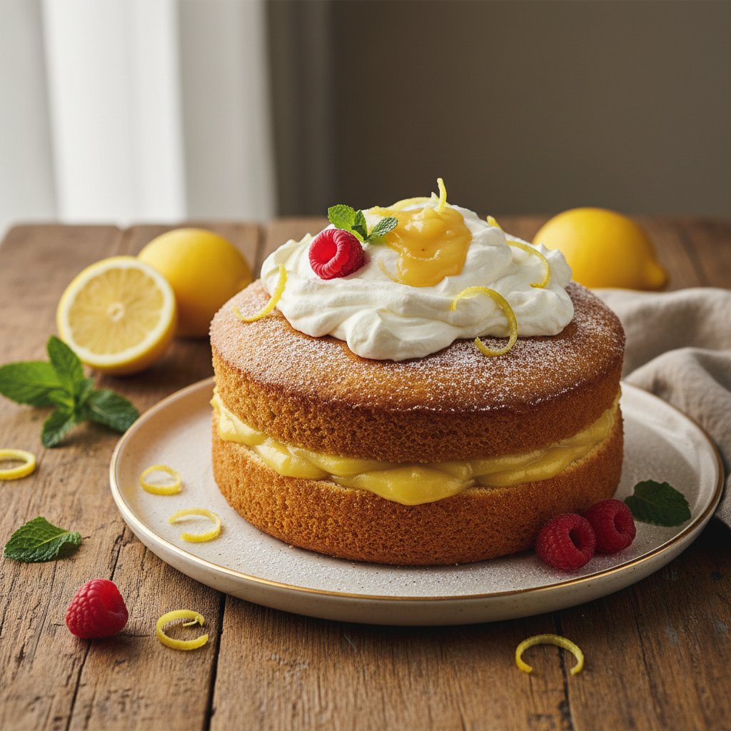 Golden Victoria Sponge with Lemon Curd and Whipped Cream