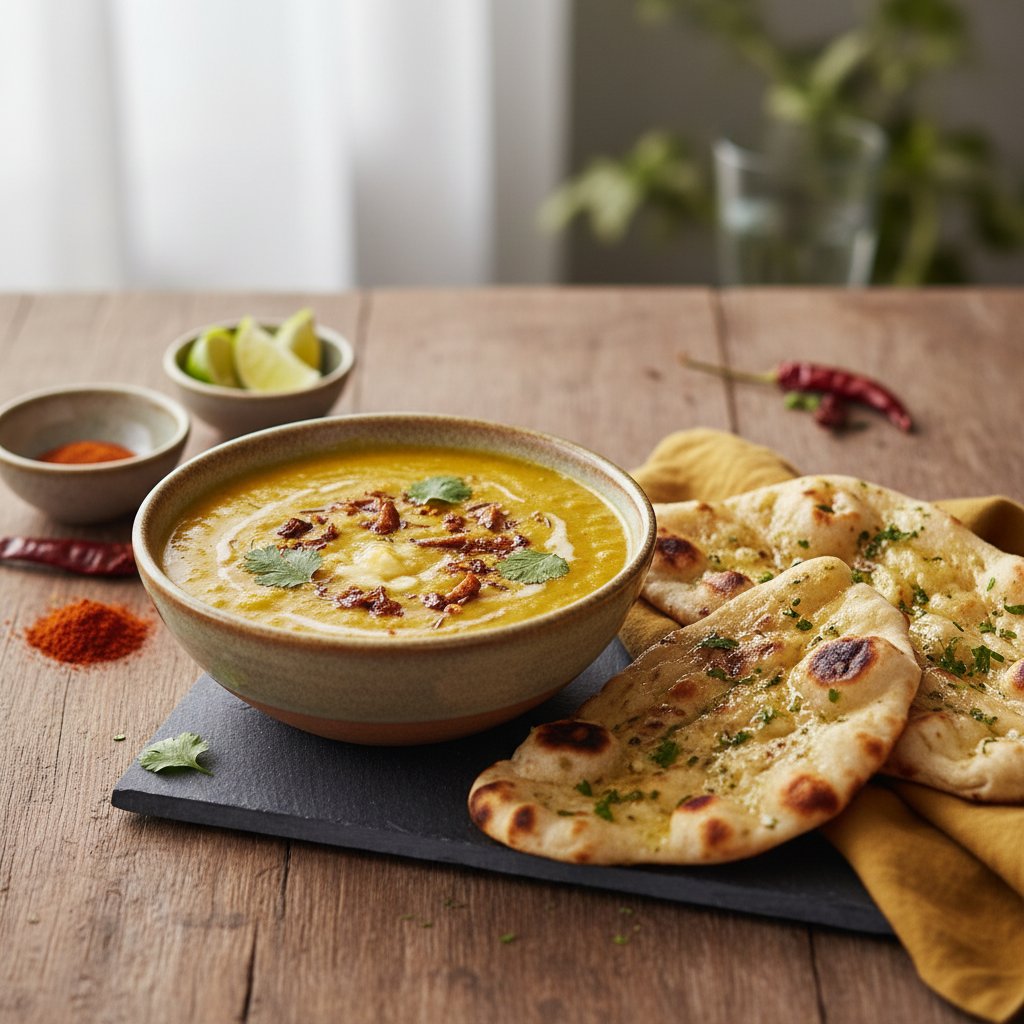 Golden Yellow Dal Tadka with Garlic Naan