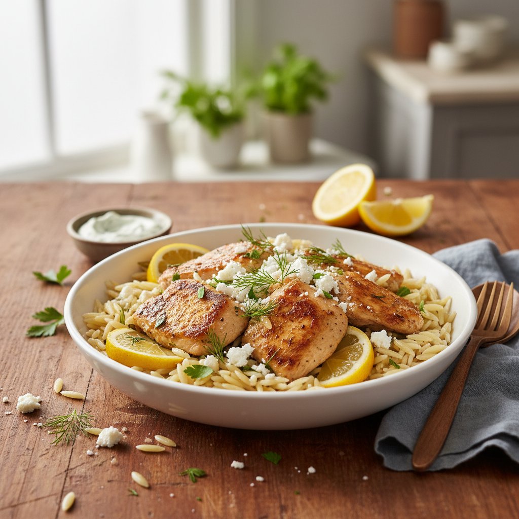 Gourmet Mediterranean Lemon-Herb Chicken with Orzo and Feta