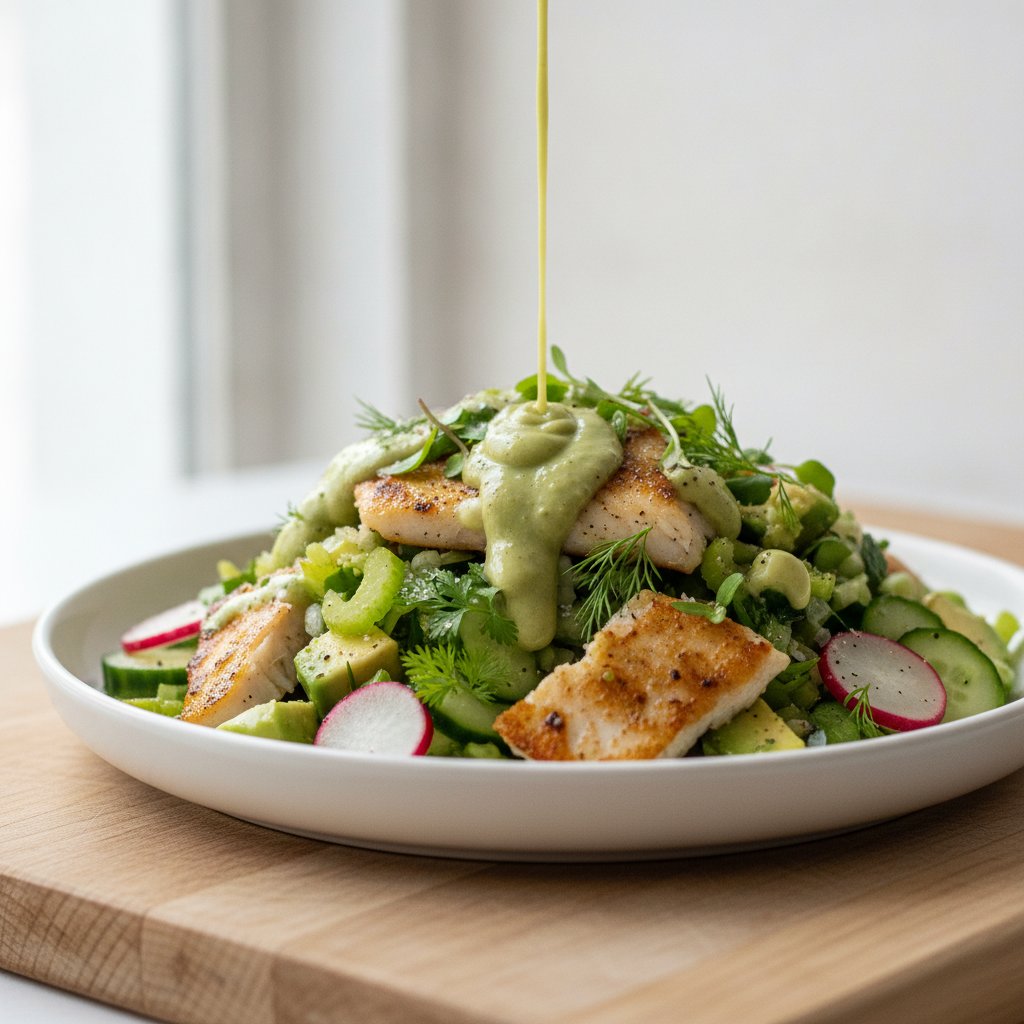 Salada picada de bacalhau com molho green goddess