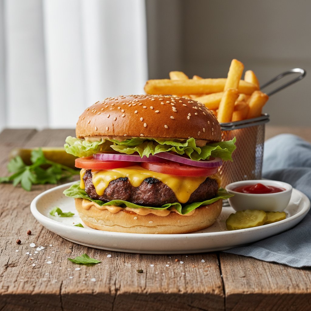 Hearty American Cheeseburger with All the Fixings