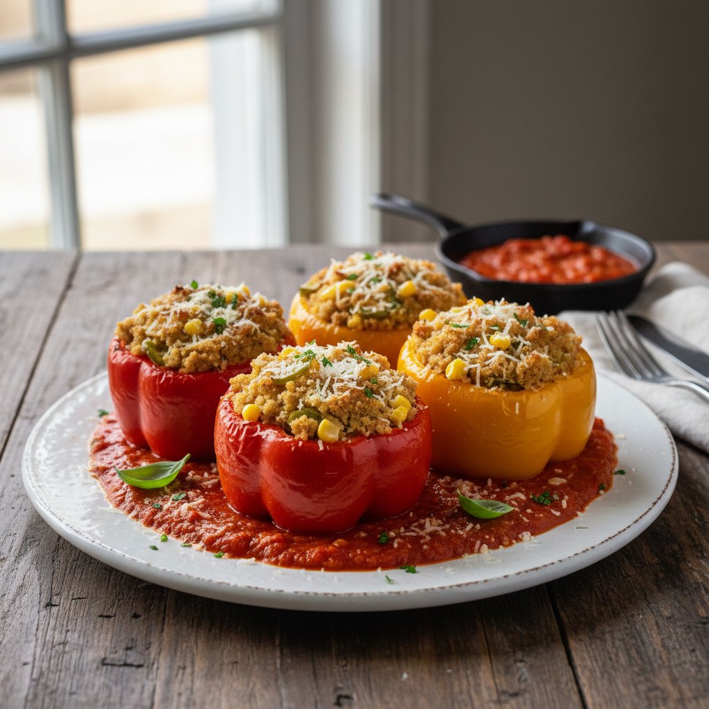 Hearty American Cornbread-Stuffed Bell Peppers with Savory Tomato Sauce