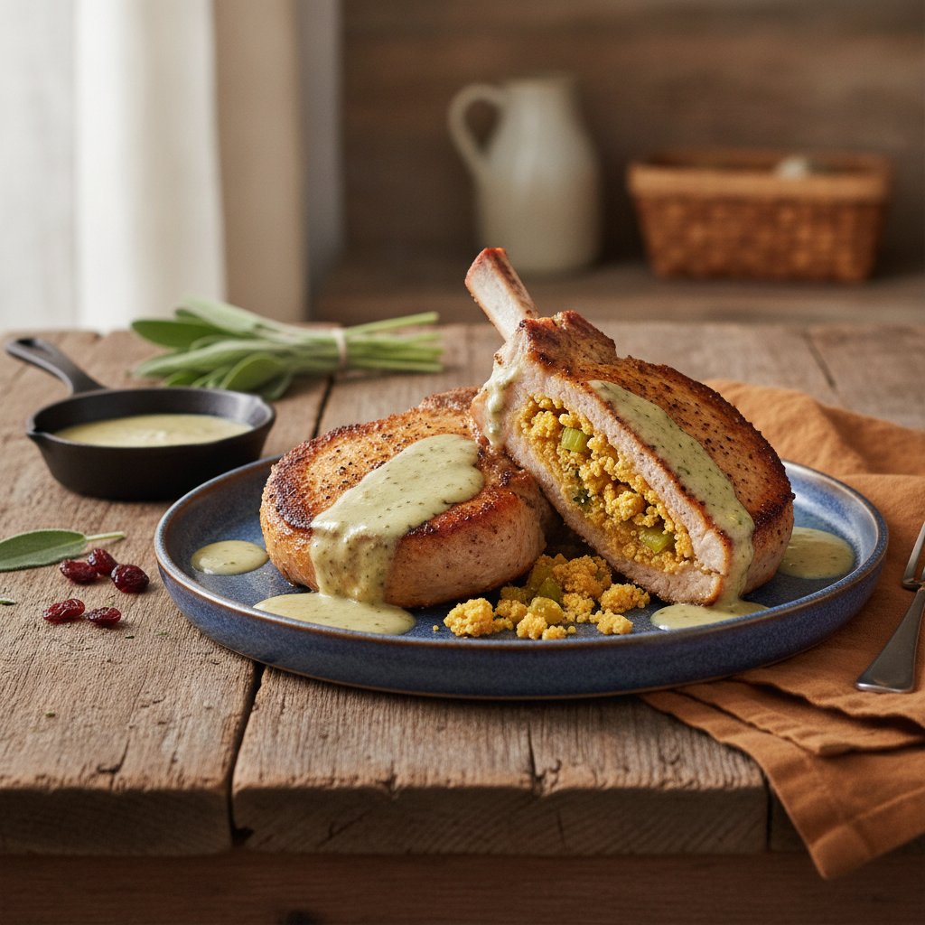 Hearty American Cornbread-Stuffed Pork Chops with Sage Gravy