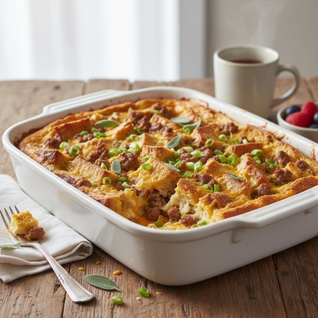 Hearty American Homestead Breakfast Bake with Sage Sausage and Cheddar