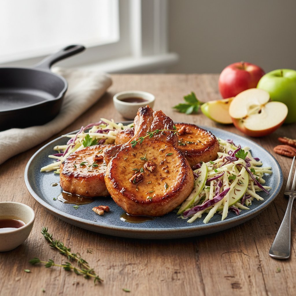 Hearty American Maple-Bourbon Glazed Pork Chops with Apple Cabbage Slaw