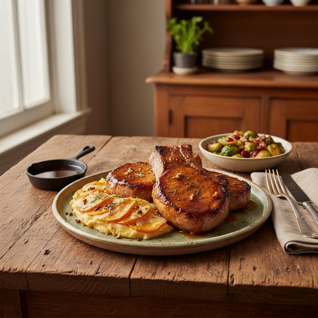 Hearty American Maple-Glazed Pork Chops with Sweet Potato Gratin