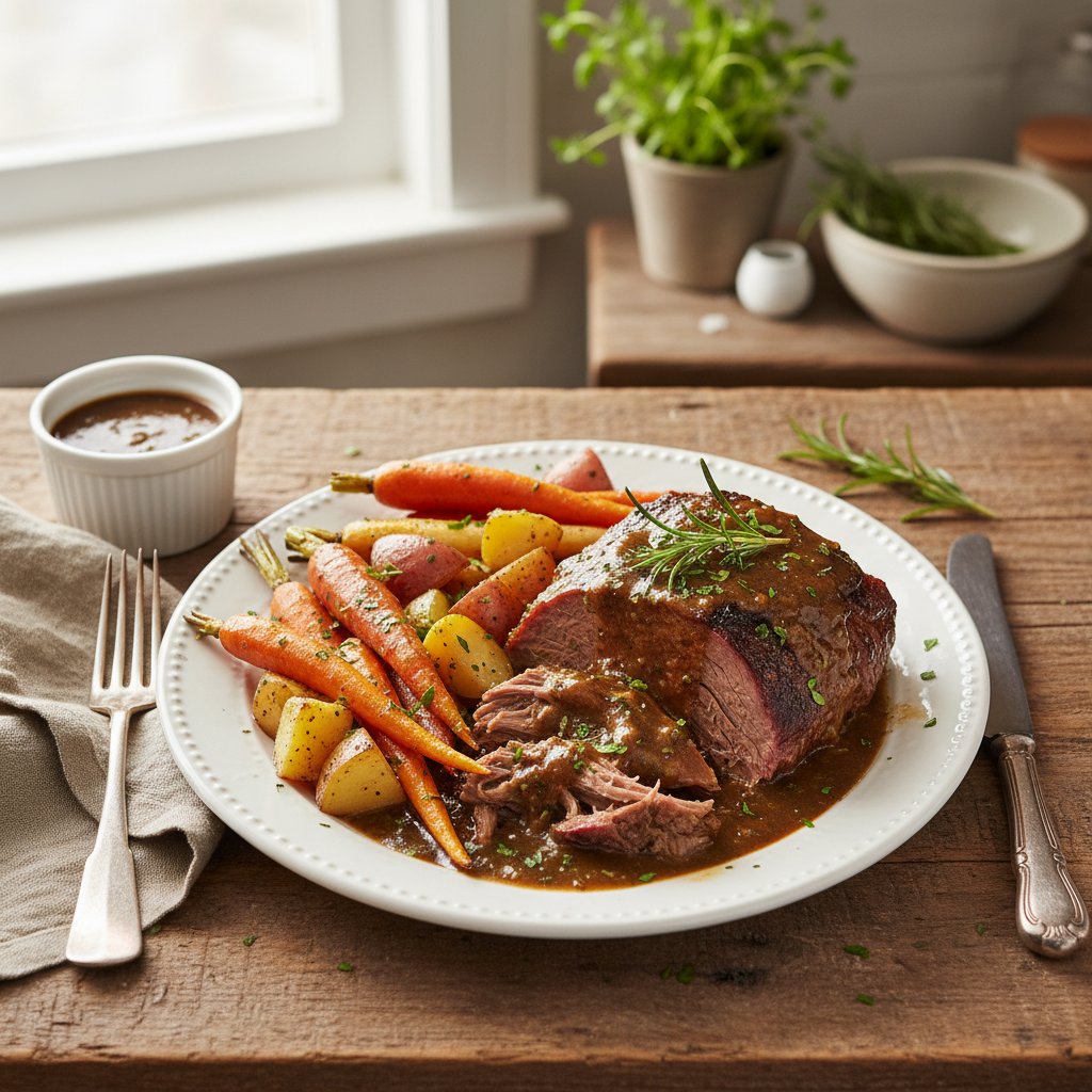 Hearty American Pot Roast with Root Vegetables and Herb-Infused Gravy