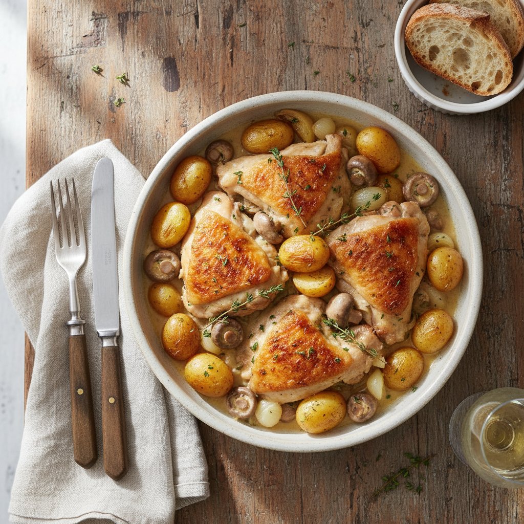 Hearty Coq au Vin Blanc with Pearl Onions and Baby Potatoes
