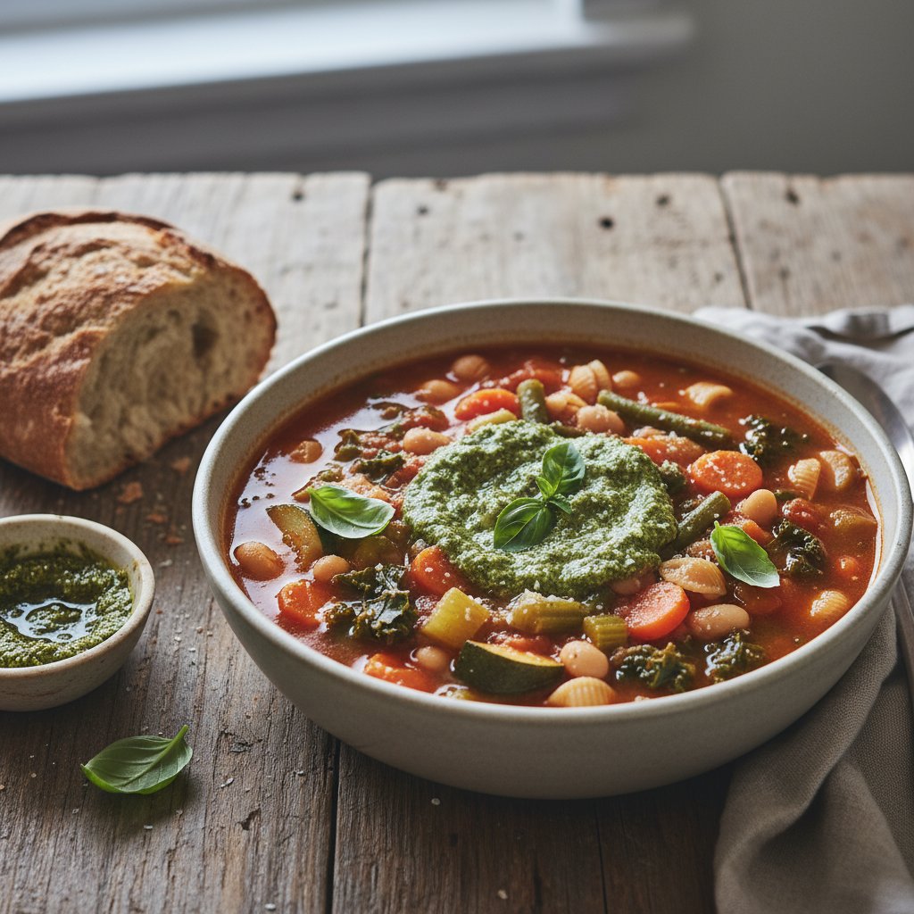 Hearty Italian Minestrone Soup with Pesto