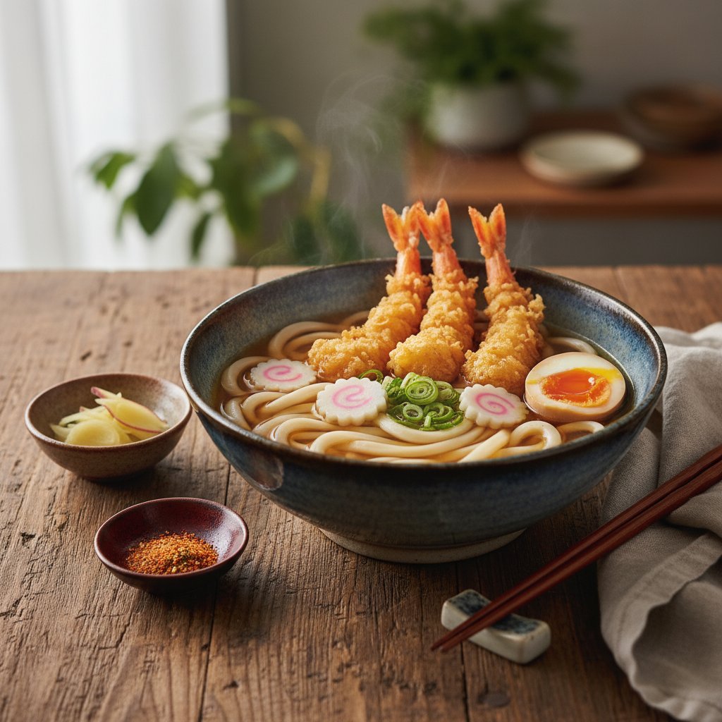 Hearty Japanese Udon Noodle Soup with Tempura Shrimp
