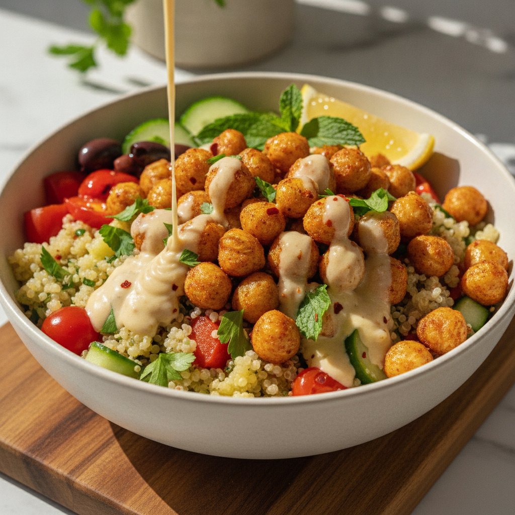 Hearty Mediterranean Fiber-Boosted Bowl with Lemon-Herb Quinoa and Spicy Roasted Chickpeas