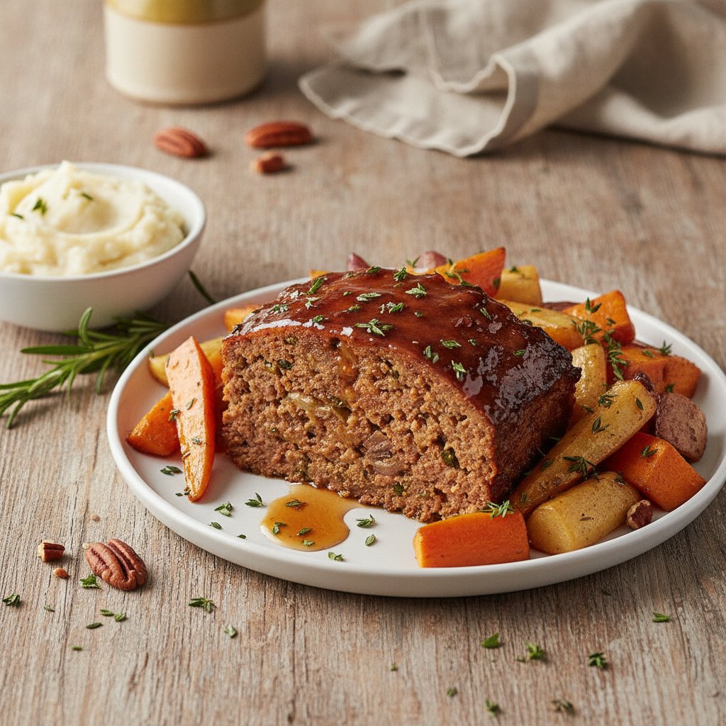 Hearty Midwest Meatloaf with Maple-Glazed Root Vegetables