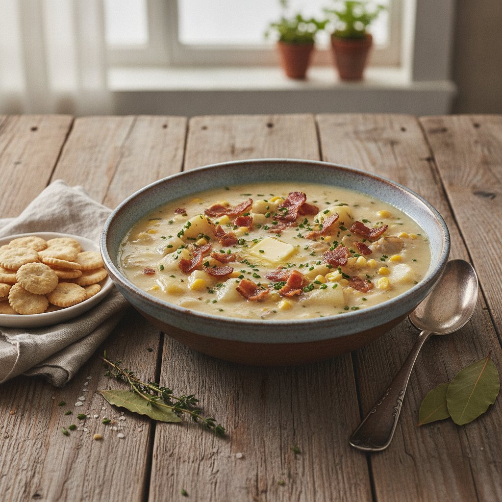 Hearty New England Clam and Corn Chowder with Bacon Crumbles