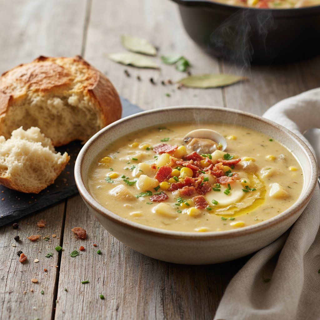 Hearty New England Clam and Corn Chowder with Crispy Bacon