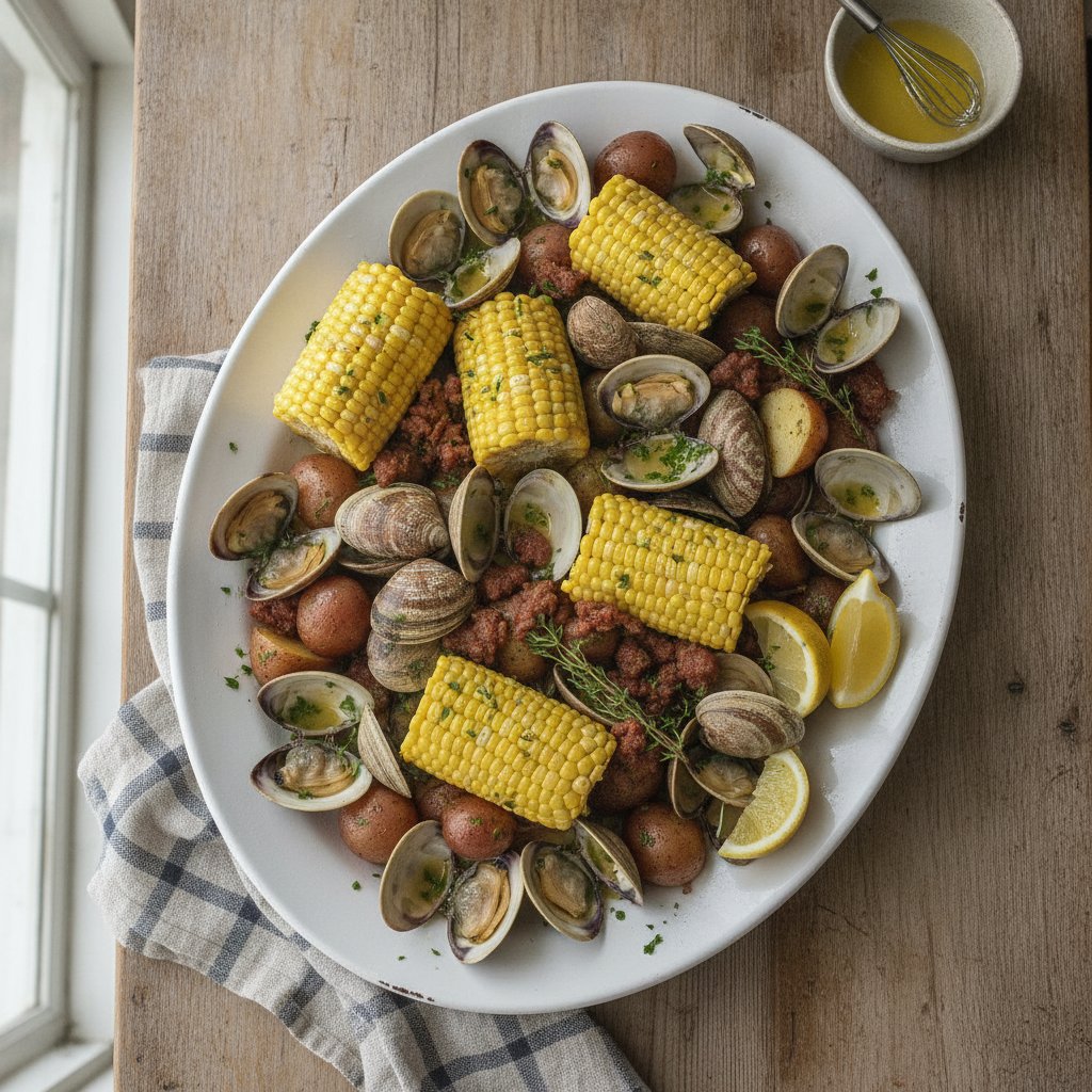 Hearty New England Clam Bake with Corn and Red Potatoes