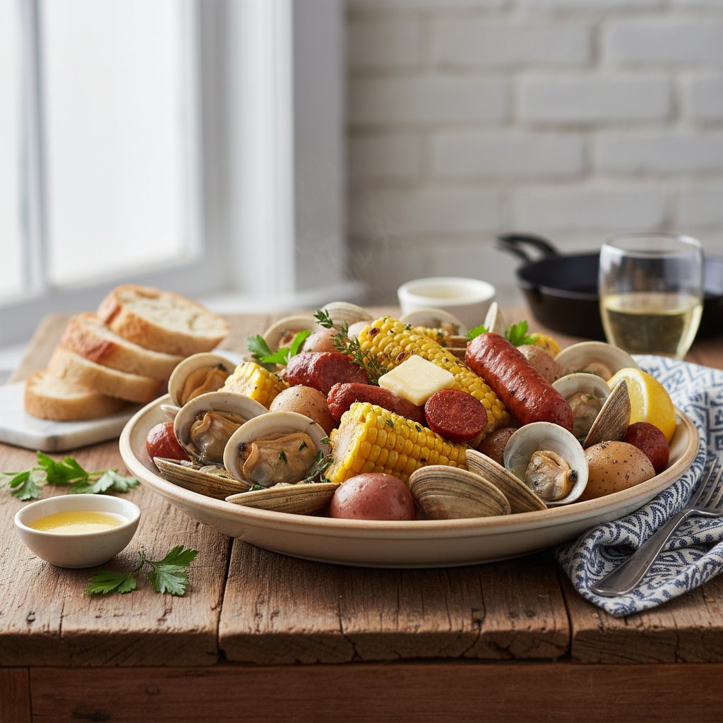 Hearty New England Clam Bake with Corn and Sausage