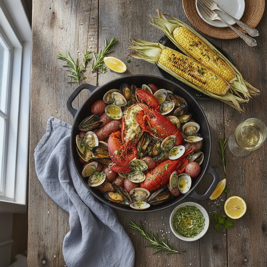 Hearty New England Clam Bake with Herb Butter and Grilled Corn