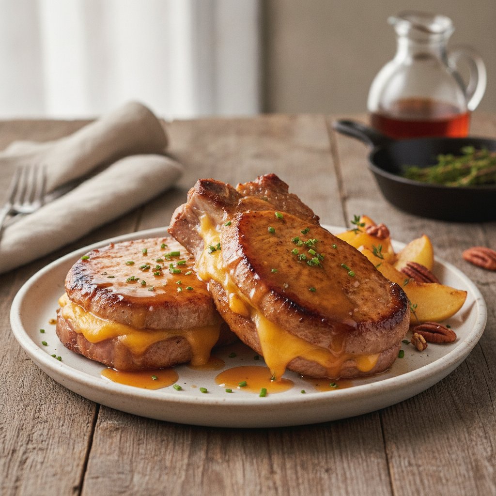 Hearty Vermont Cheddar and Apple-Stuffed Pork Chops with Maple Glaze