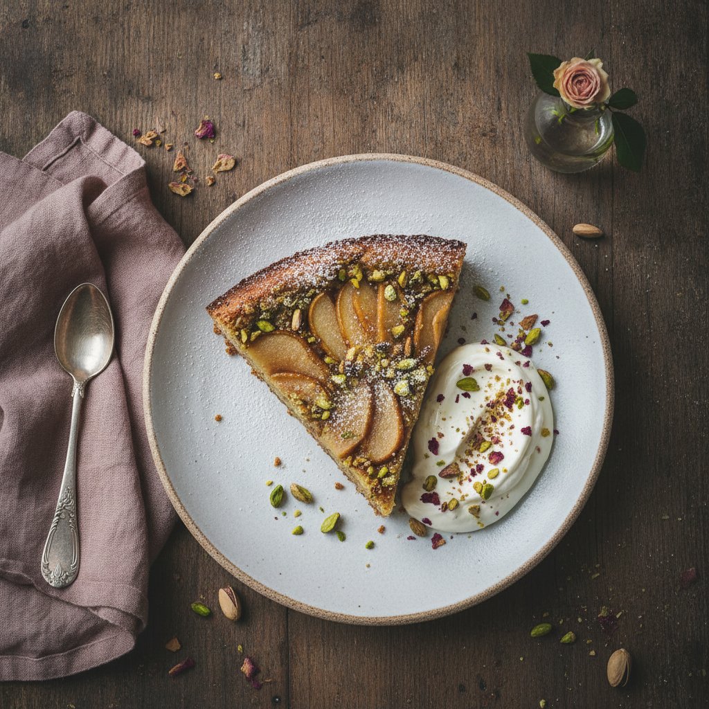 Heavenly Spiced Persian Pear and Pistachio Torte with Rosewater Cream