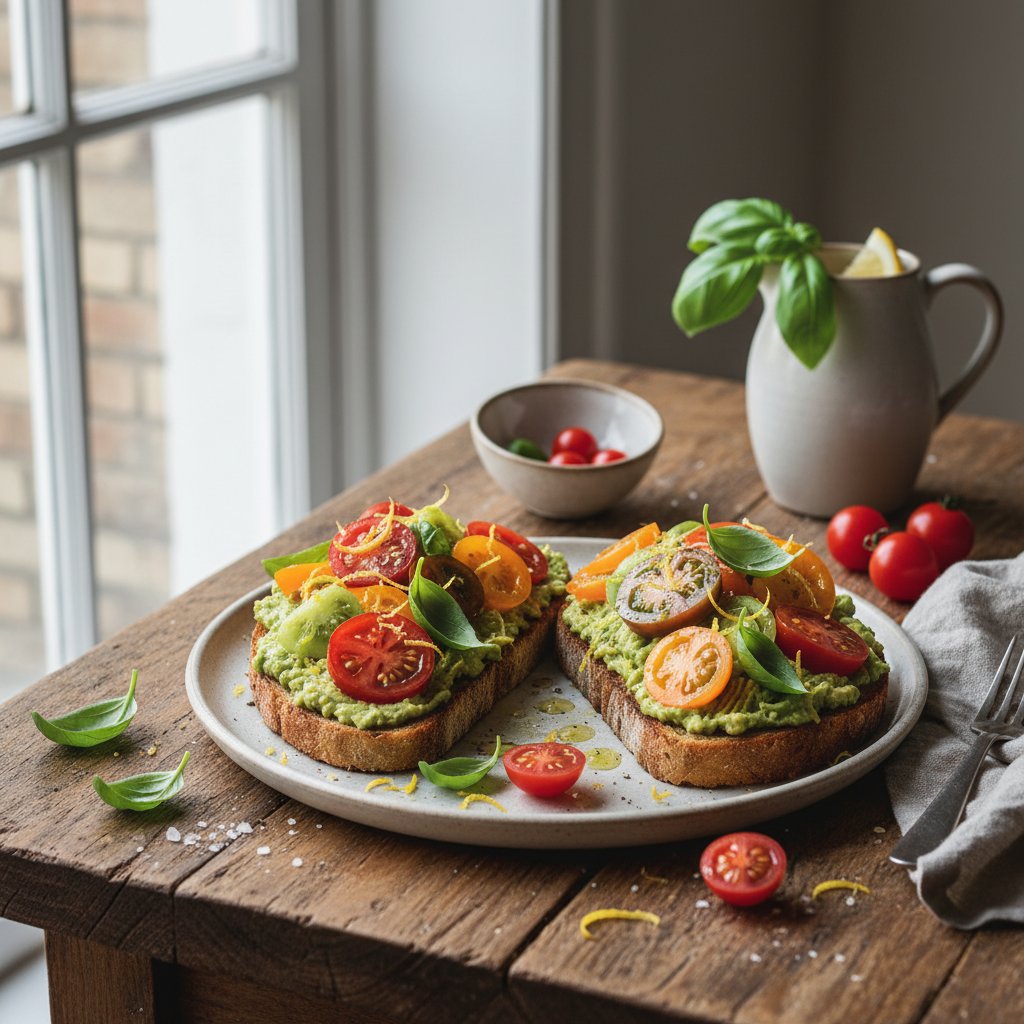 Heirloom Tomato and Avocado Tartine with Lemon Zest and Fresh Basil