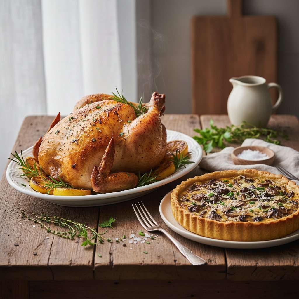Herb-Butter Roasted Chicken with Savory Mushroom Tart