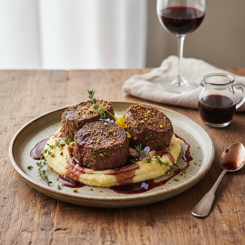 Herb-Crusted Beef Tenderloin with Truffle Mashed Potatoes and Red Wine Reduction