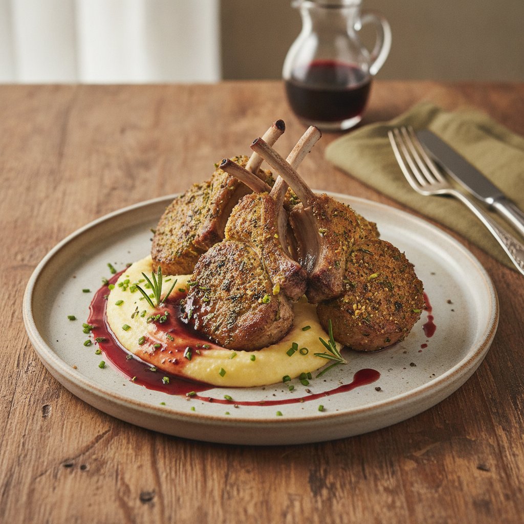 Herb-Crusted Lamb Chops with Red Wine Reduction and Creamy Polenta