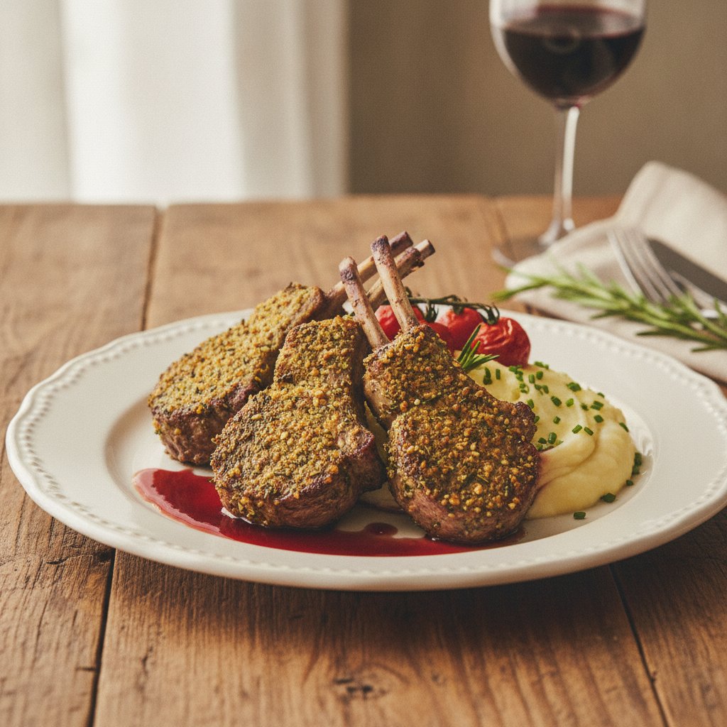 Herb-Crusted Lamb Chops with Red Wine Reduction and Garlic Potato Purée