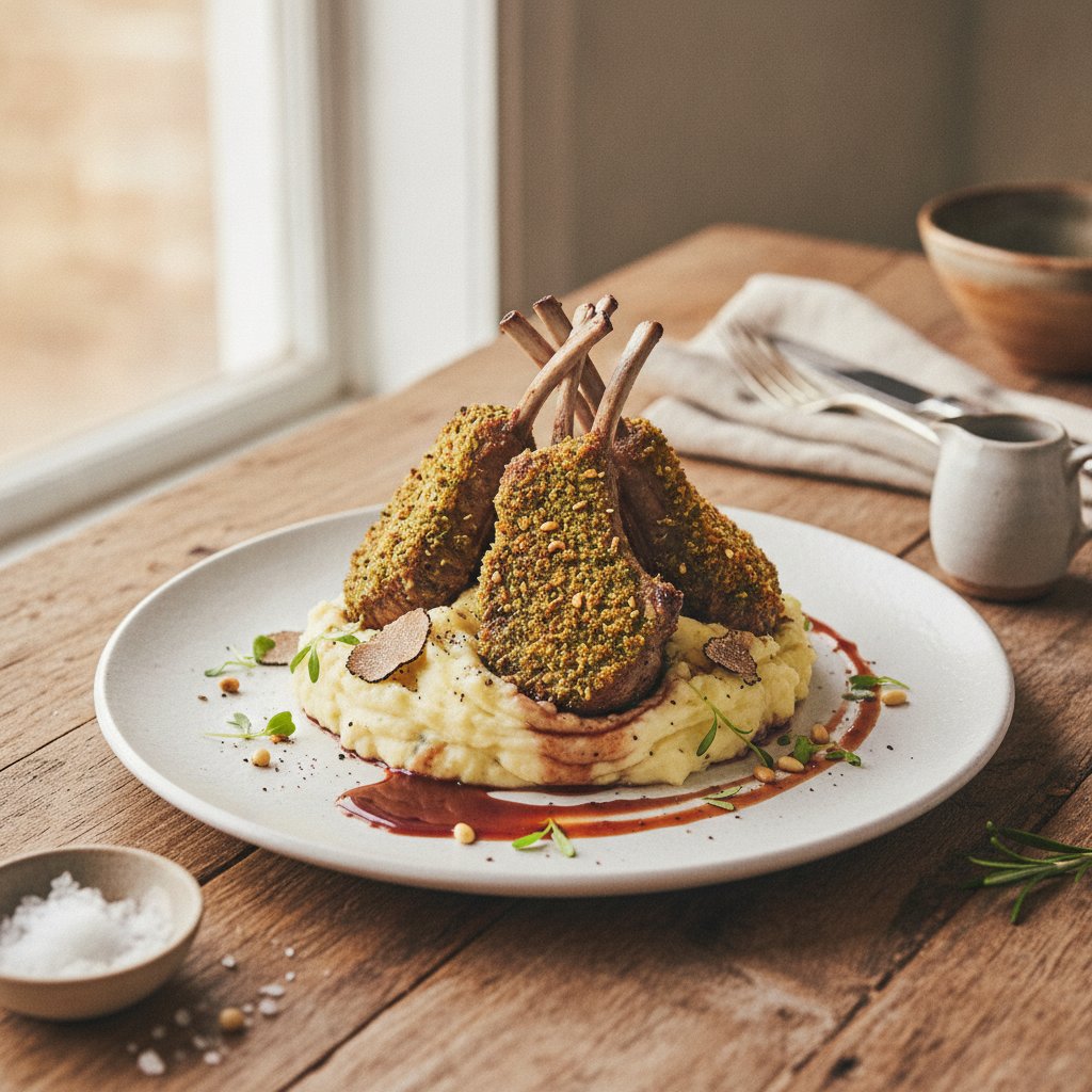 Herb-Crusted Lamb Chops with Truffle Mashed Potatoes and Red Wine Reduction