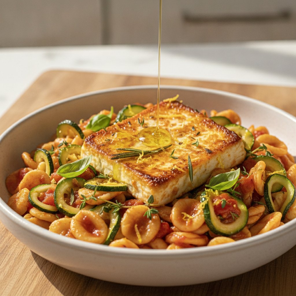 Herb-Infused Baked Feta Pasta with Zucchini Spirals and Lemon Zest